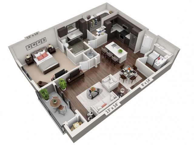 A 3D rendering of a modern apartment floor plan, featuring a spacious living room, kitchen, and bedroom.