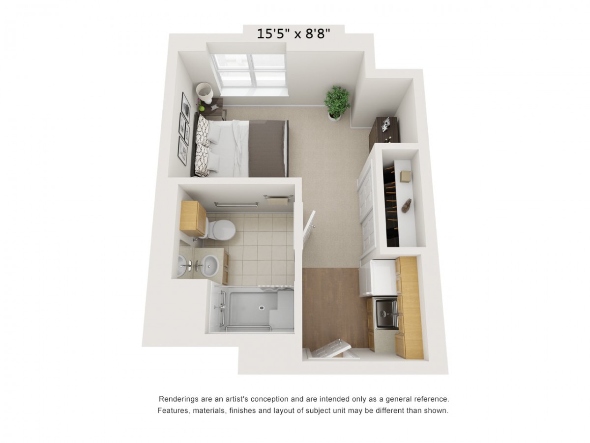 A 3D floor plan of a compact studio apartment featuring a bedroom, bathroom, and kitchenette.