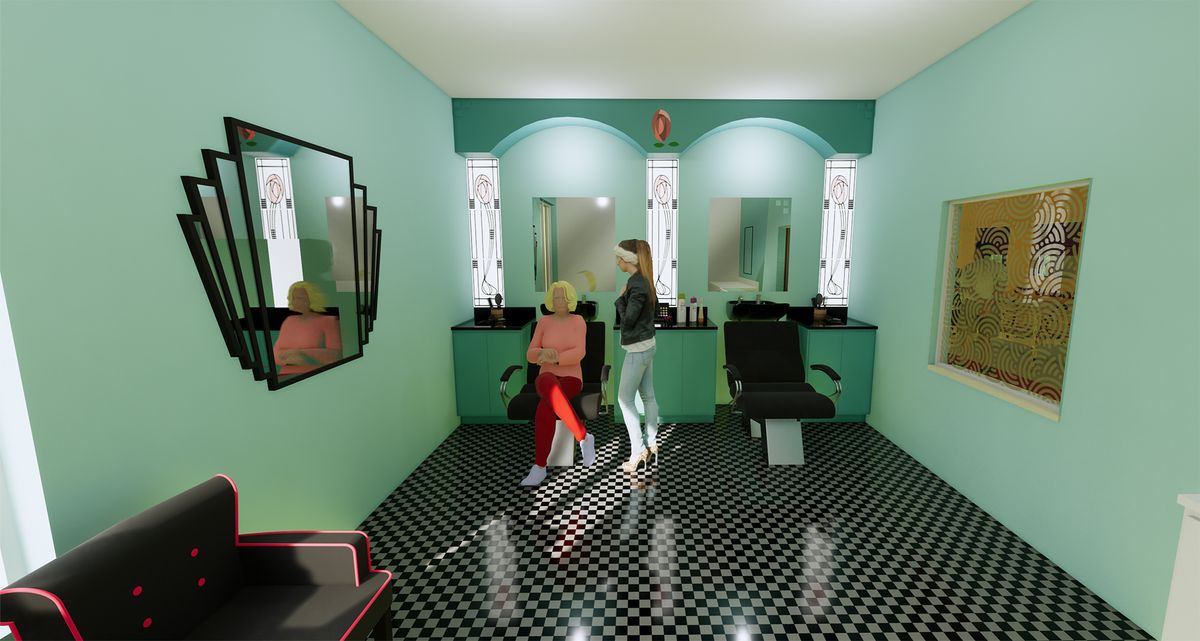 A modern barbershop interior with two people, featuring stylish decor and mirrors.