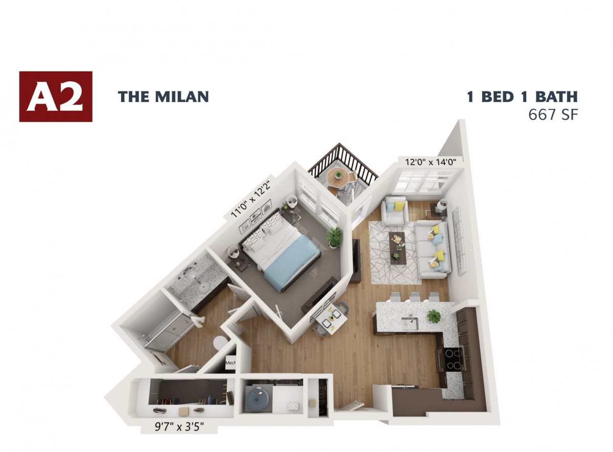 3D floor plan of a one-bedroom apartment labeled 'The Milan'.