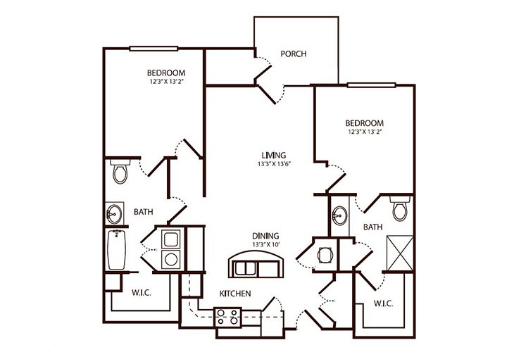 A floor plan of a two-bedroom, two-bathroom apartment featuring a kitchen, dining area, and living room.