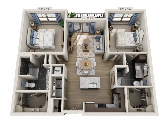 A 3D floor plan of an apartment featuring two bedrooms, a central living area, and modern kitchen.