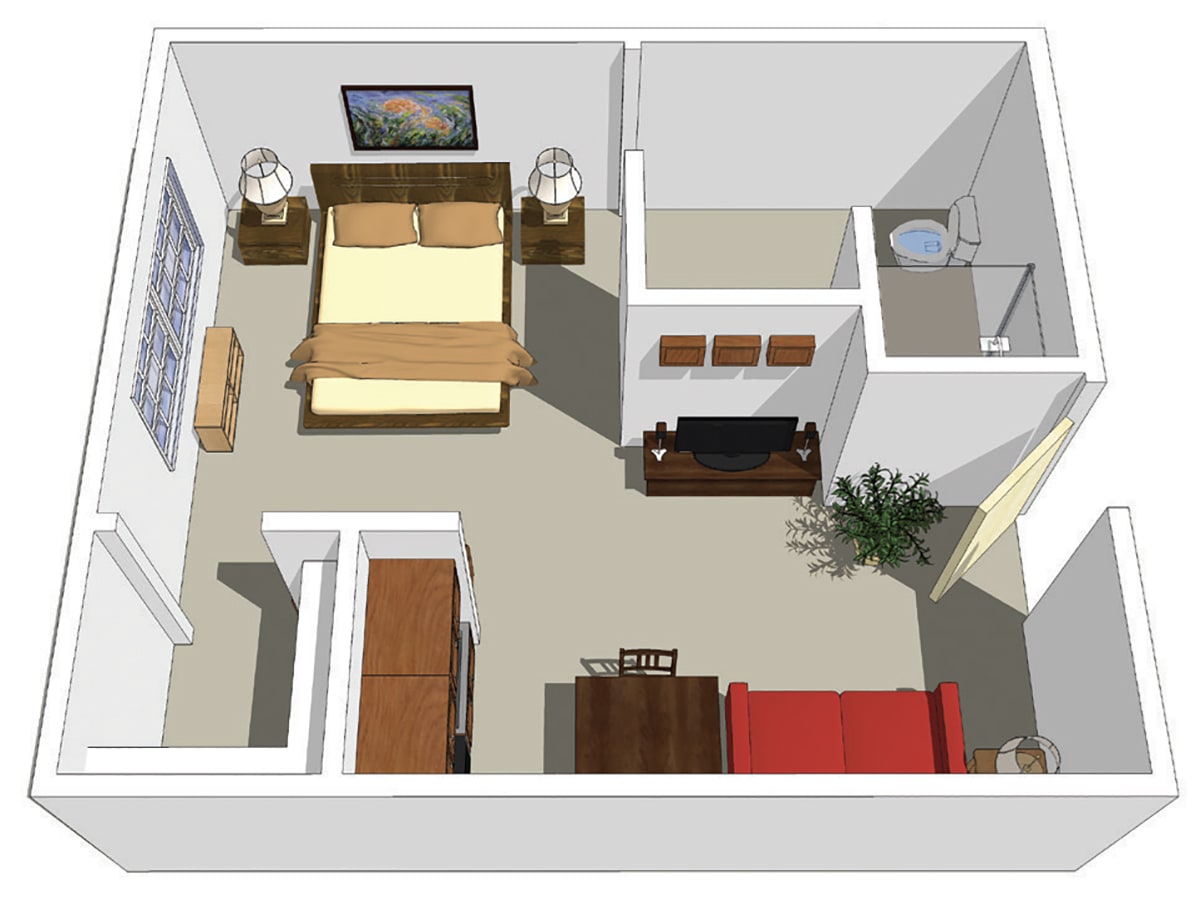A 3D floor plan of a bedroom with furniture layout.