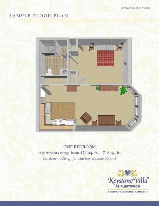 A floor plan of a one-bedroom apartment with designated living, kitchen, and bedroom areas.
