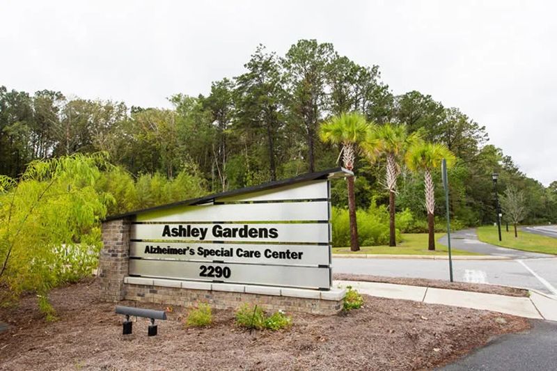 Sign for Ashley Gardens, an Alzheimer's Special Care Center.