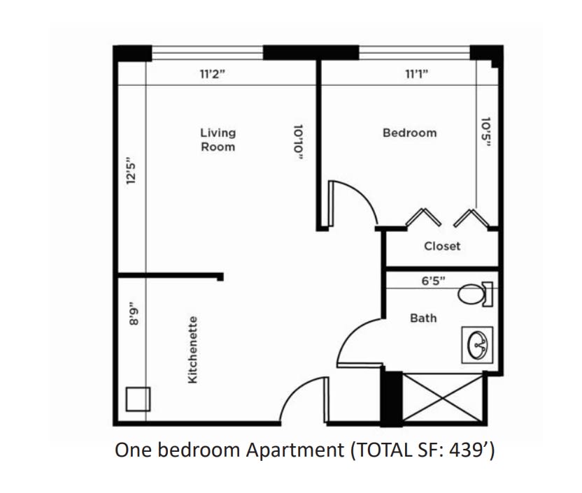 One-bedroom apartment floor plan with a total area of 435 square feet.