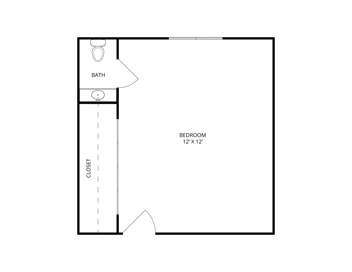 Studio apartment floor plan with a bathroom and closet.