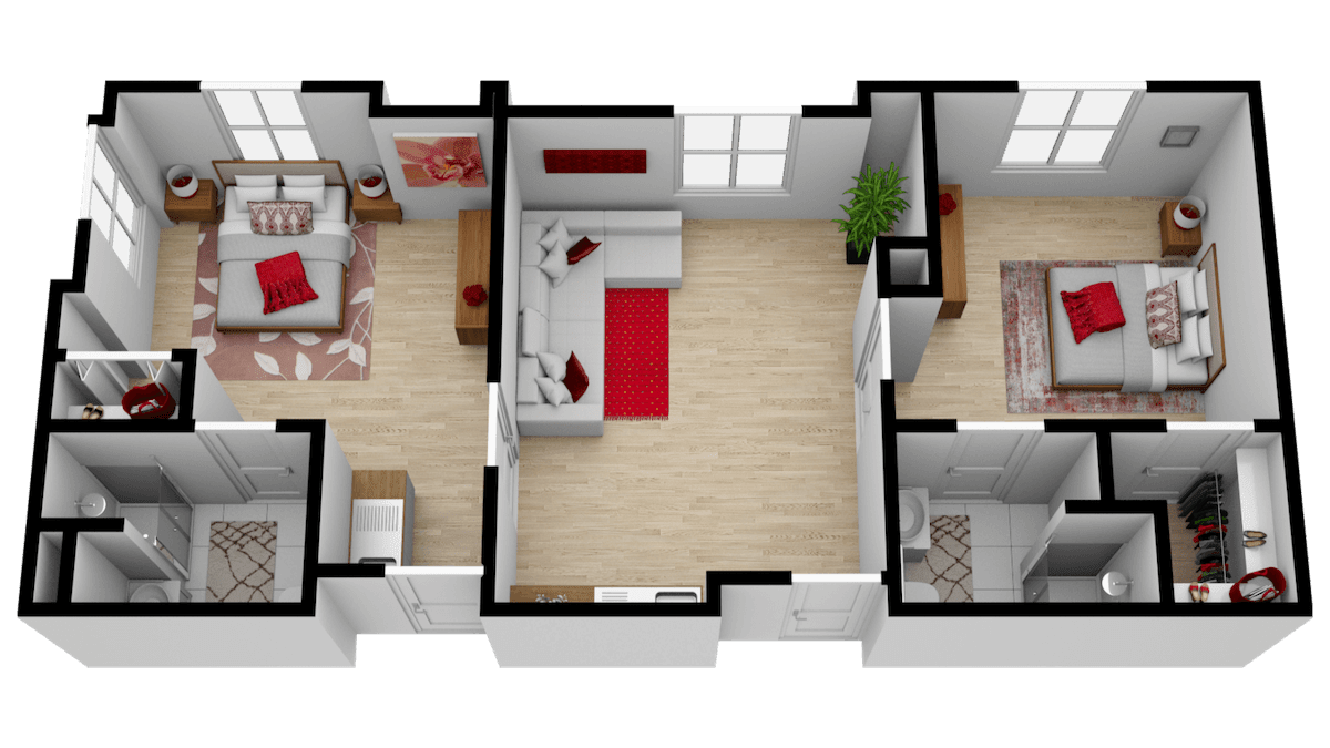 A 3D floor plan featuring a cozy living room, bedroom, and kitchen.