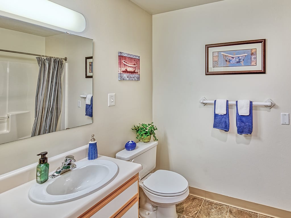 A neatly arranged bathroom with a sink, mirror, toilet, and blue towels.