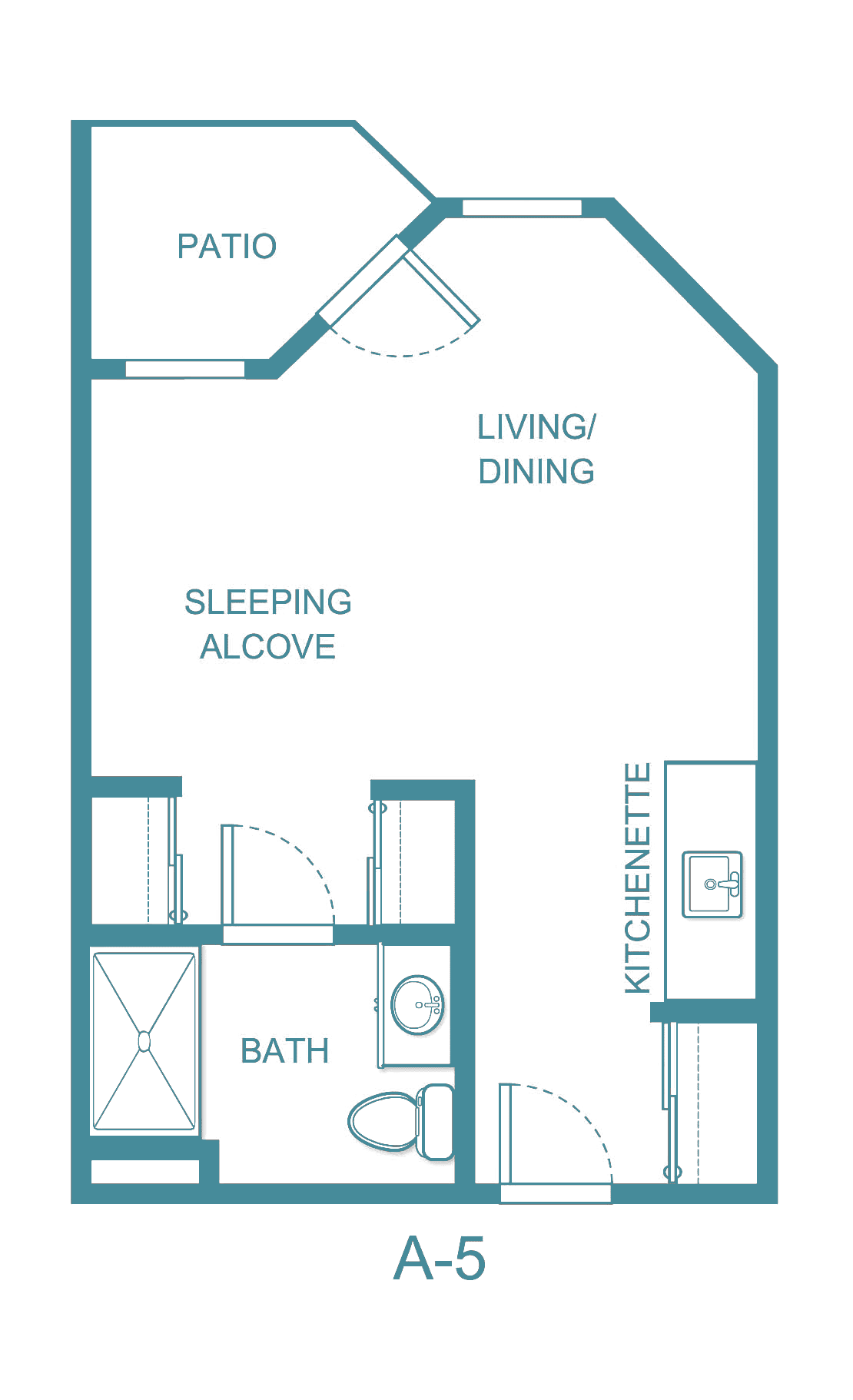 Studio apartment floor plan with sleeping alcove, living/dining area, kitchenette, and bathroom.