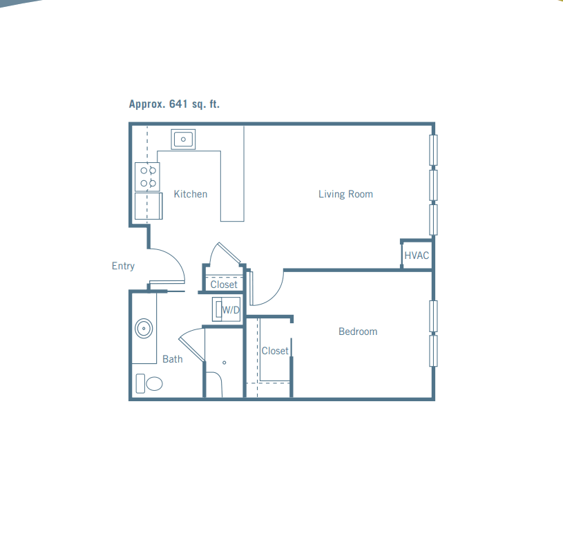 A floor plan of a one-bedroom apartment with designated areas for a kitchen, bathroom, and living room.