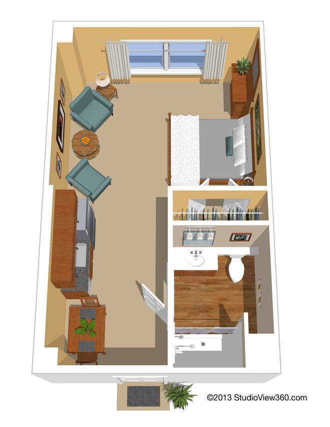 3D view of a studio apartment floor plan with furniture layout.