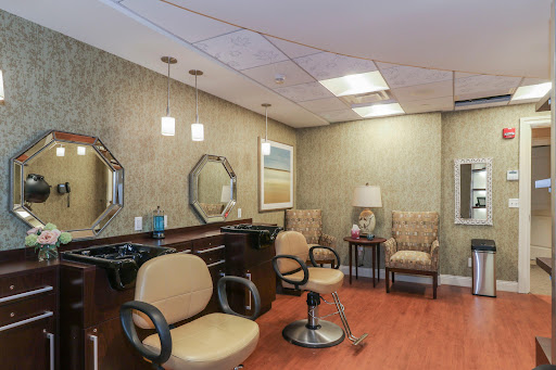 A modern salon interior featuring comfortable chairs, mirrors, and a soothing color palette.