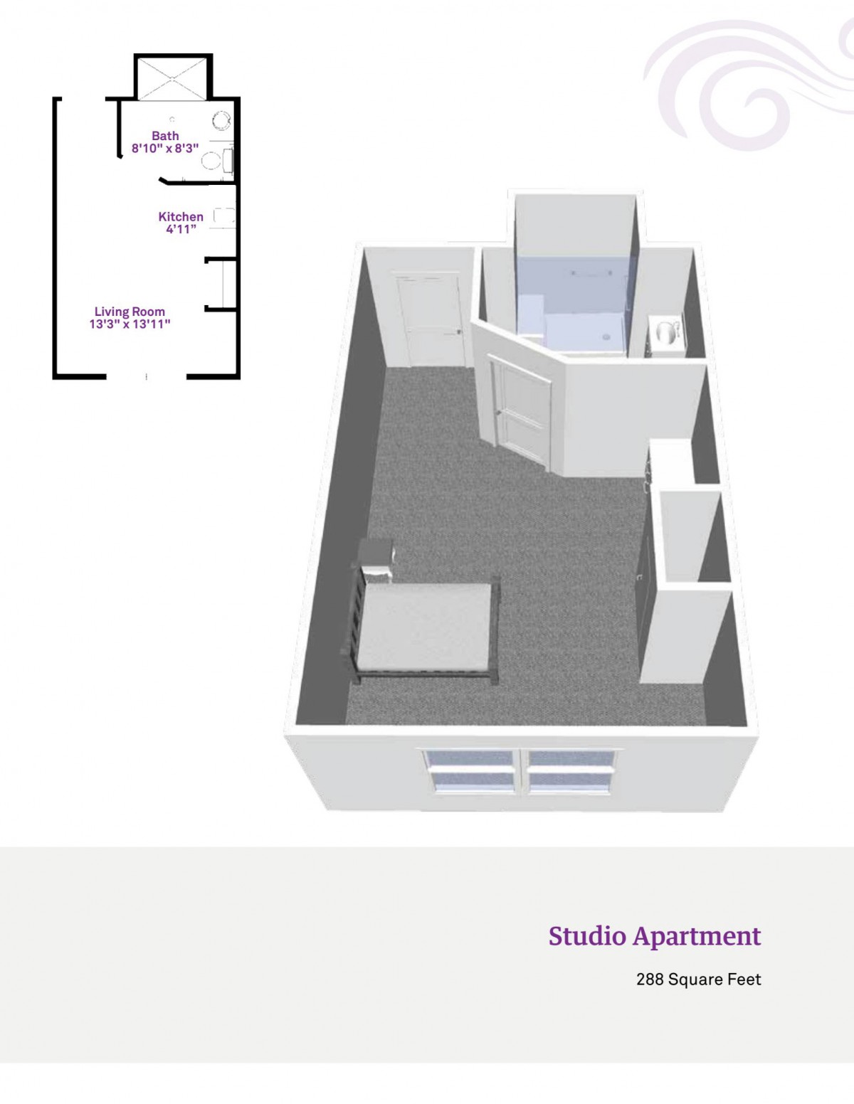 3D floor plan of a studio apartment layout.