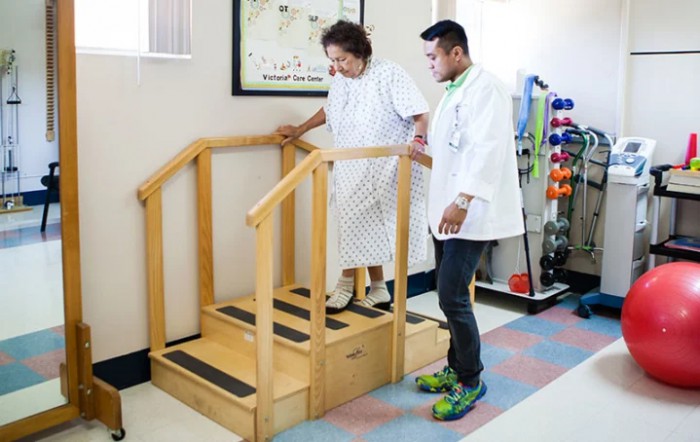A therapist assists a patient during a physical therapy session with stair exercises.