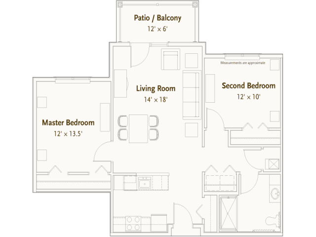 Floor plan of a two-bedroom apartment with a living room and patio/balcony.