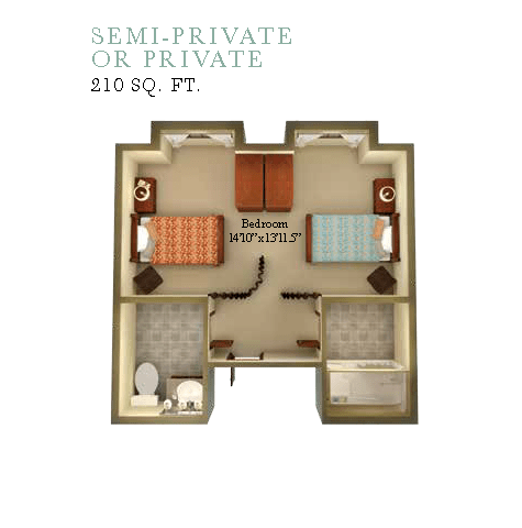 A floor plan for a semi-private or private room featuring two beds and two bathrooms, measuring 210 square feet.