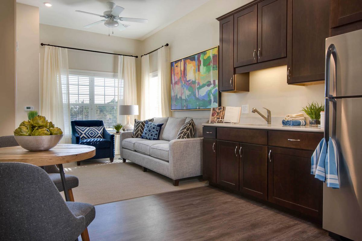 A cozy living space with a small kitchen area, featuring a sofa, armchair, and artwork on the wall.
