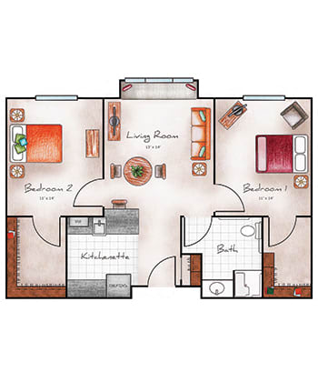A two-bedroom apartment floor plan featuring a living room, kitchen, and bathroom.
