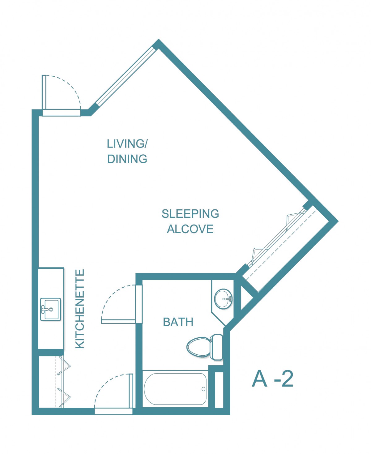 Studio apartment floor plan with a living/dining area, sleeping alcove, bathroom, and kitchenette.