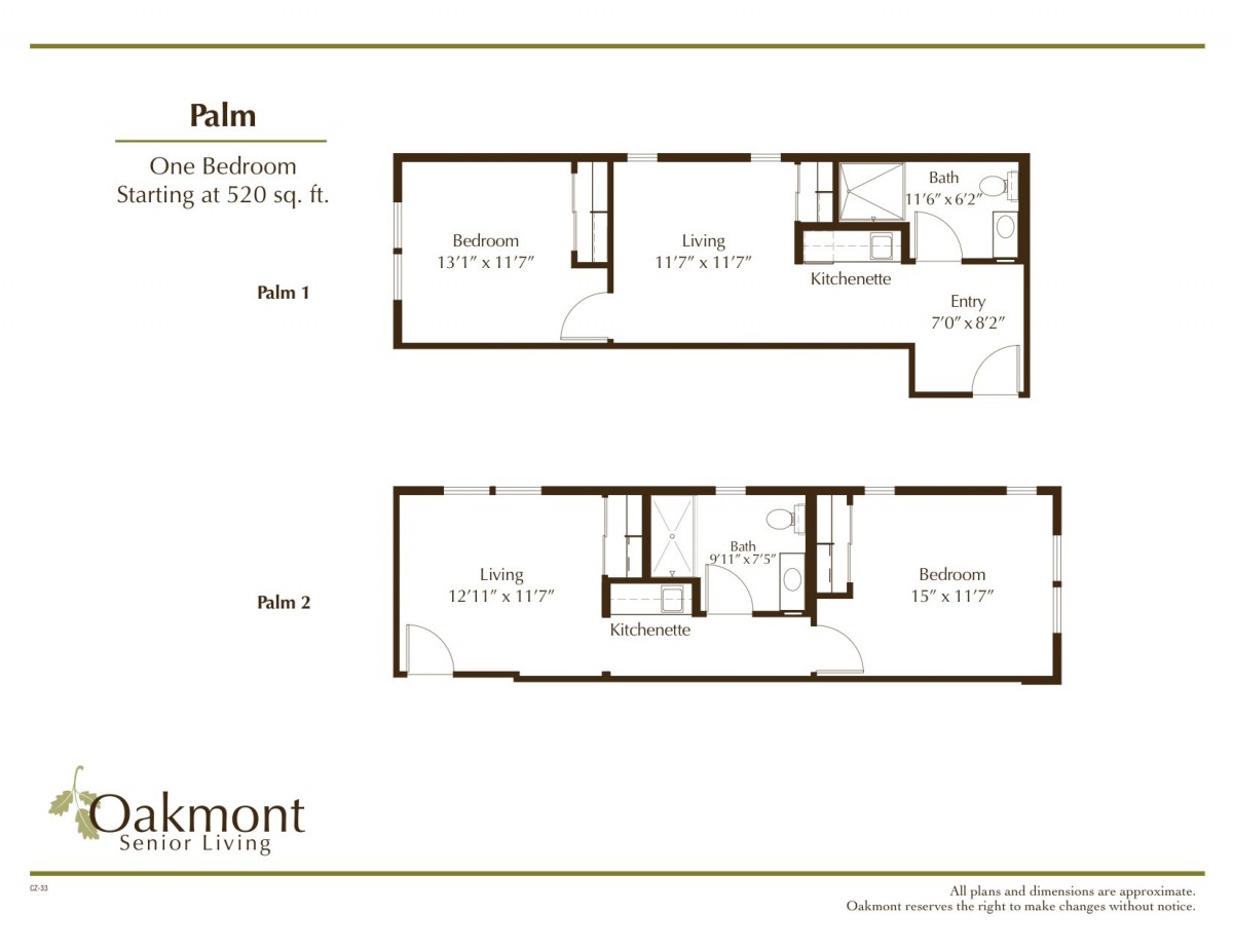 Floor plan for a two-bedroom apartment named Palm, showing both levels with labeled rooms.