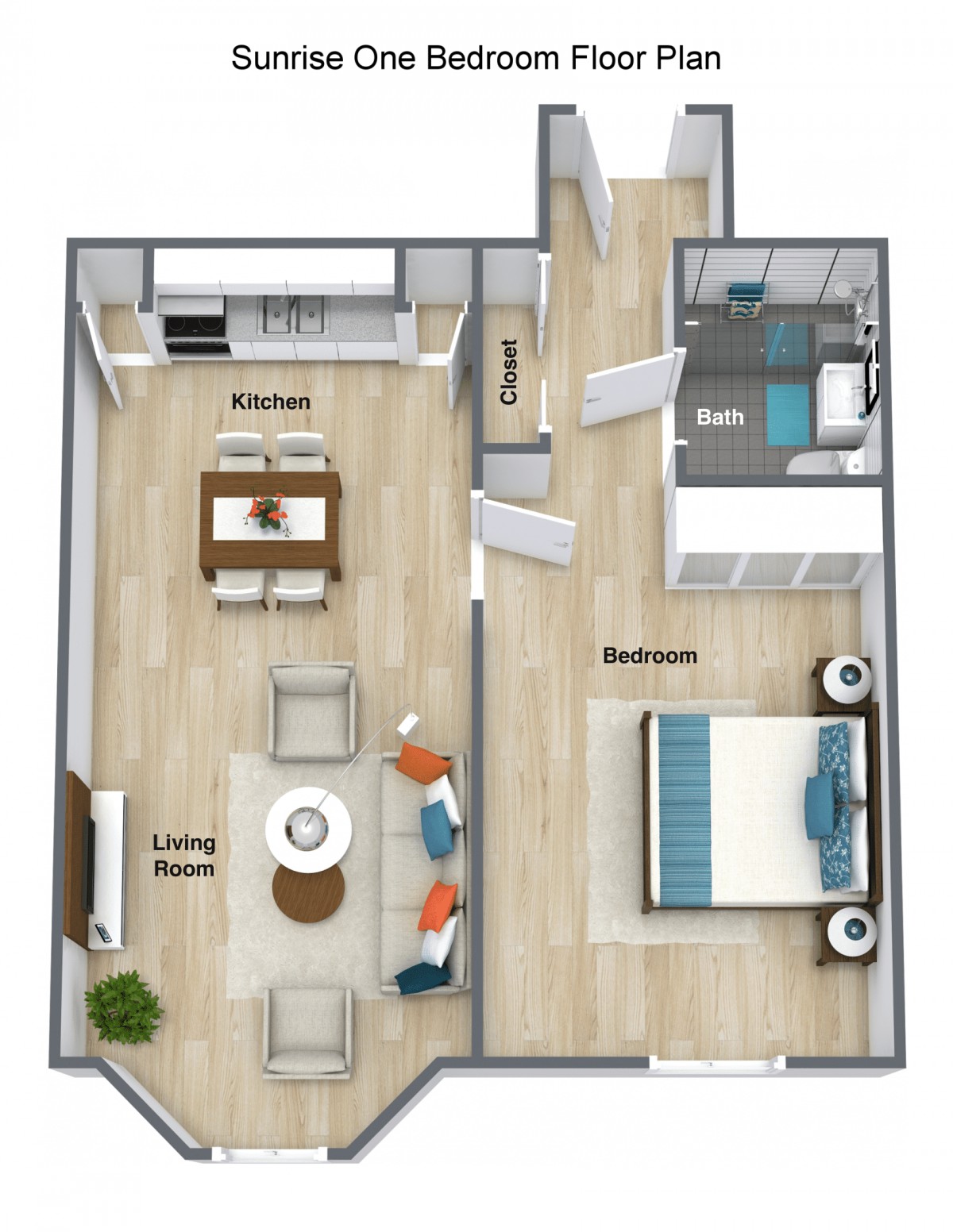 A floor plan of a one-bedroom apartment featuring a kitchen, living room, and bathroom.