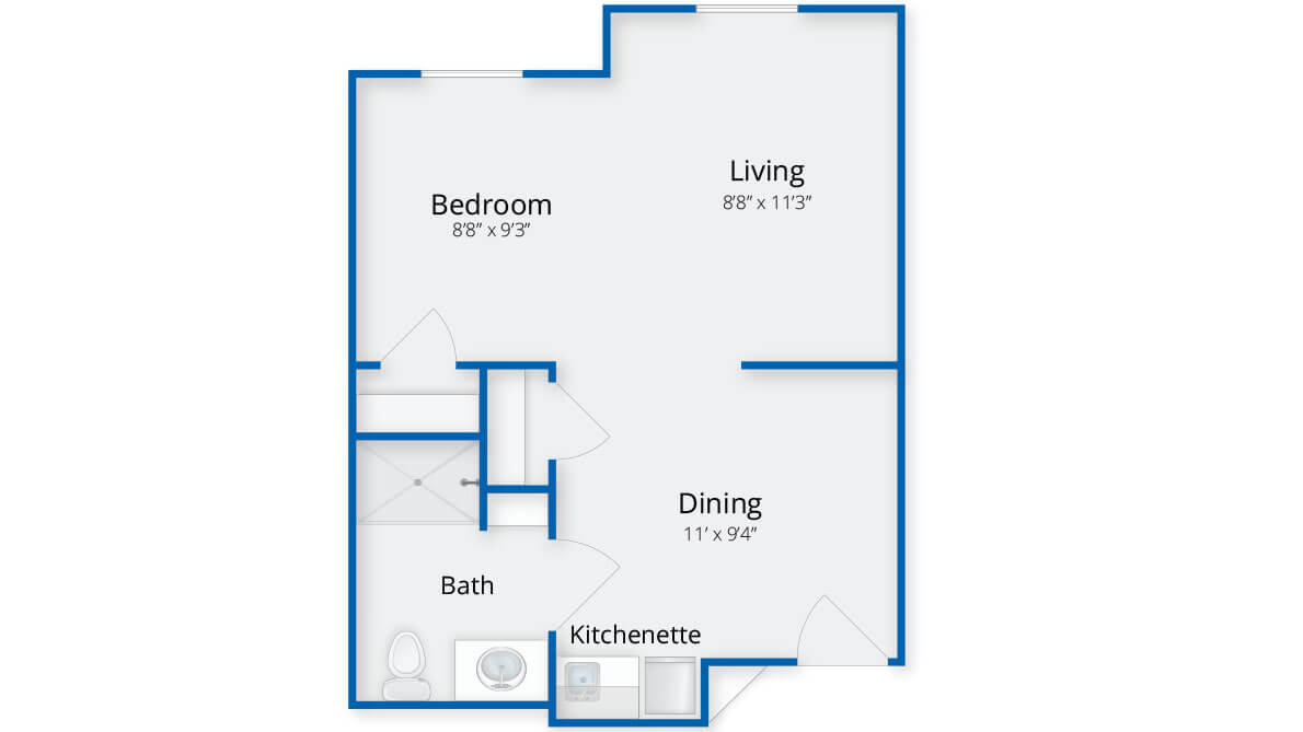 A simple floor plan of a one-bedroom apartment featuring a living room, dining area, kitchenette, bathroom, and bedroom.