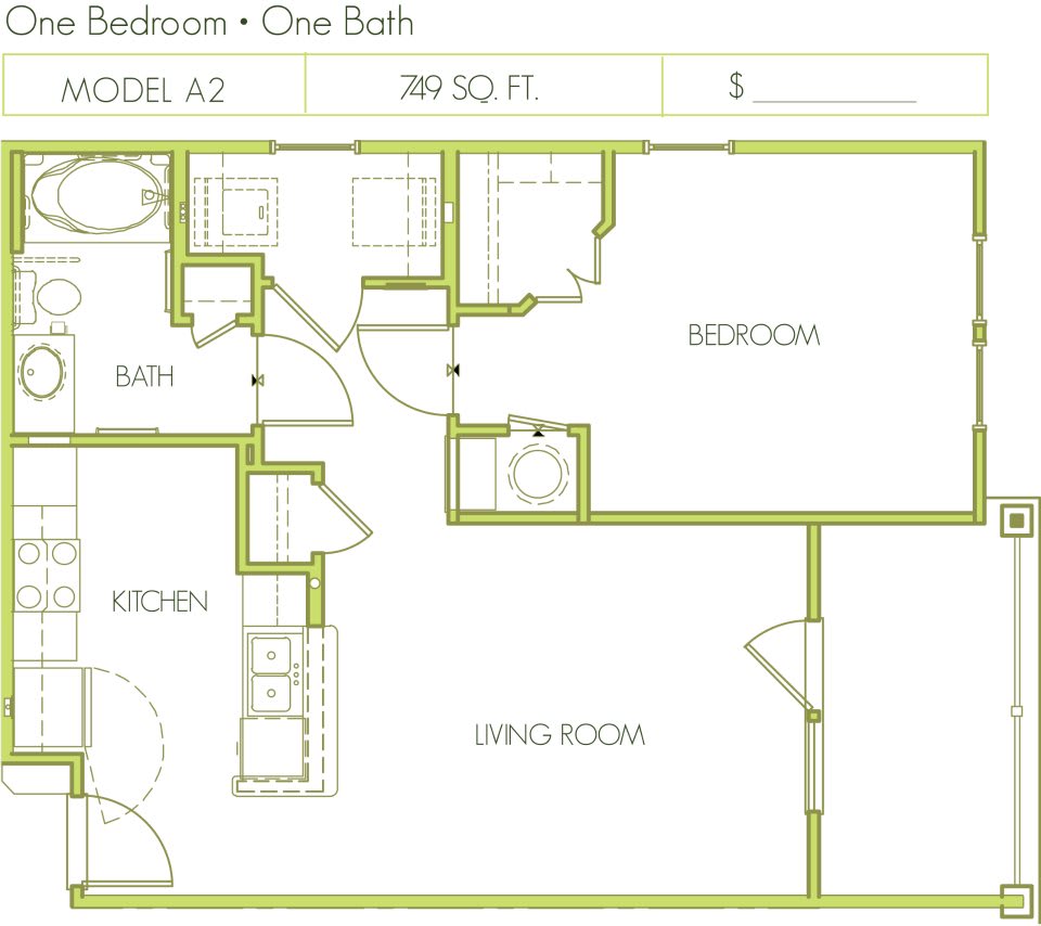 A floor plan of a one-bedroom, one-bathroom apartment layout.