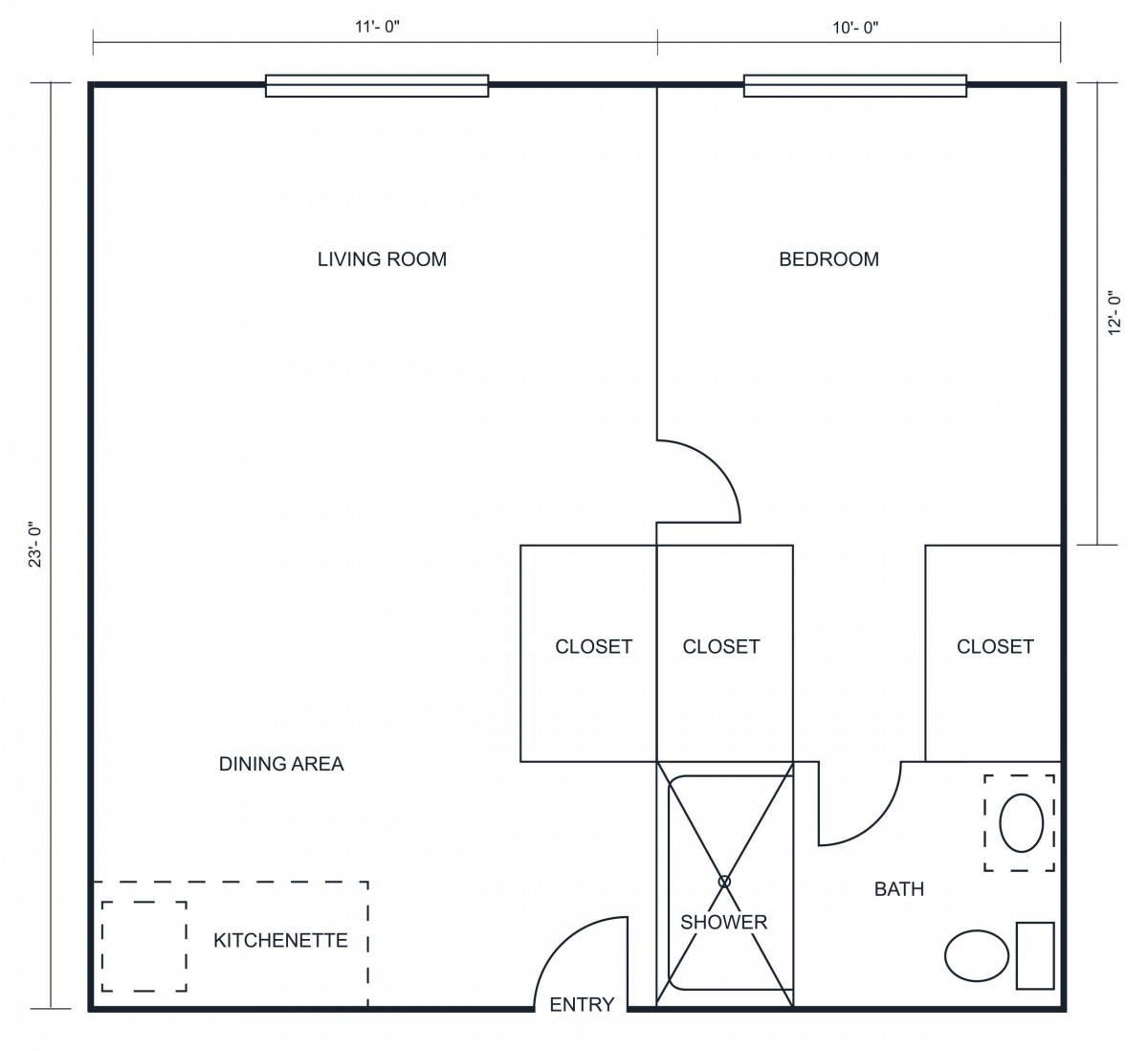 A floor plan illustrating the layout of a one-bedroom apartment, including living room, kitchen, bedroom, bathroom, and closets.