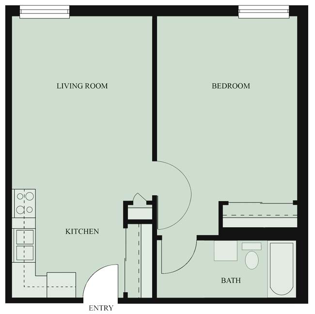 A simple floor plan of a one-bedroom apartment with designated areas for the living room, bedroom, kitchen, and bathroom.