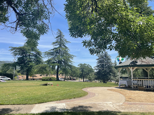 A serene park scene featuring lush greenery and a winding pathway.