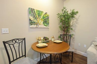 A cozy dining area featuring a round wooden table with two chairs, complemented by a tall indoor plant and artwork on the wall.