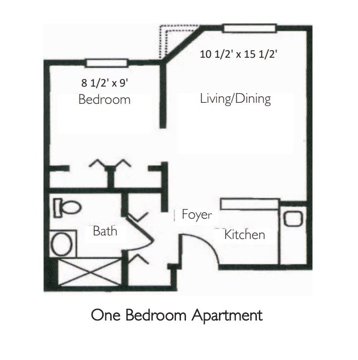A floor plan of a one-bedroom apartment featuring a living/dining area, kitchen, bathroom, and bedroom.