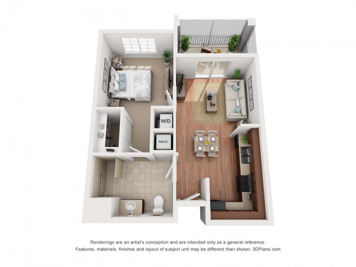 A 3D floor plan of a modern one-bedroom apartment featuring a living room, kitchen, bedroom, and bathroom.