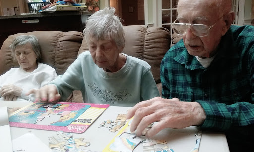 Two elderly individuals engaged in a puzzle activity together.