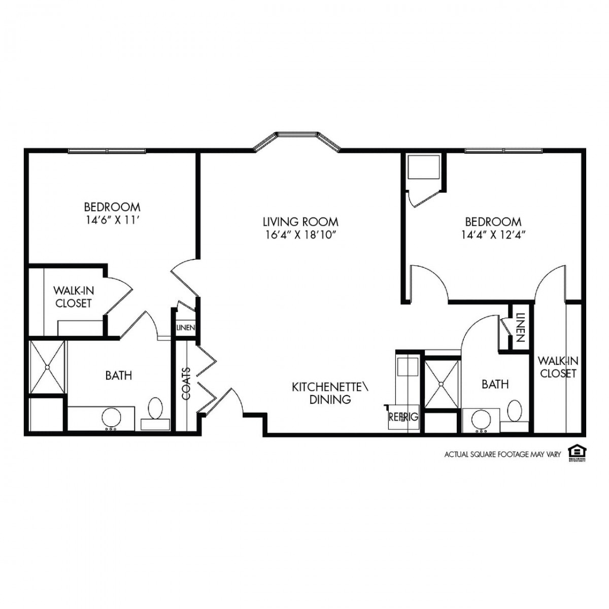 A floor plan of an apartment showcasing the arrangement of rooms including the living room, kitchen, bedrooms, bathrooms, and closets.