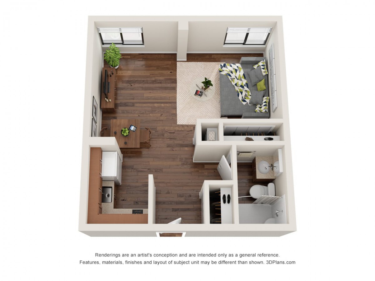 A 3D floor plan of a one-bedroom apartment featuring an open living area, compact kitchen, and bathroom.