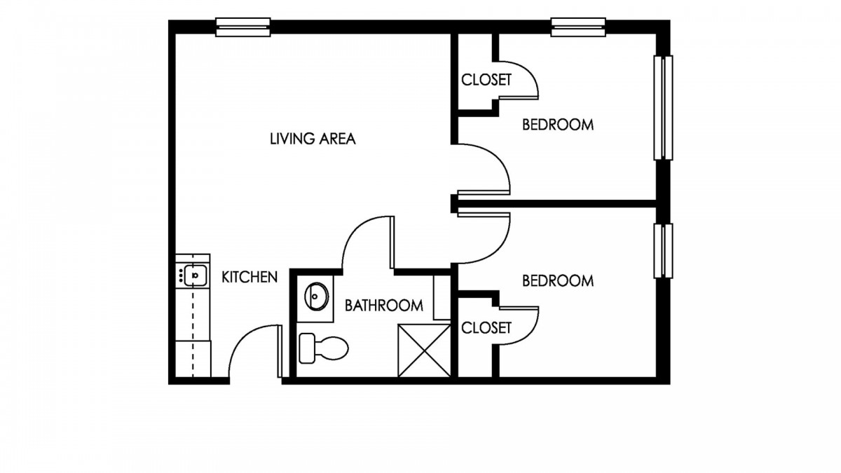 A floor plan of a two-bedroom apartment featuring a living area, kitchen, bathroom, and closets.