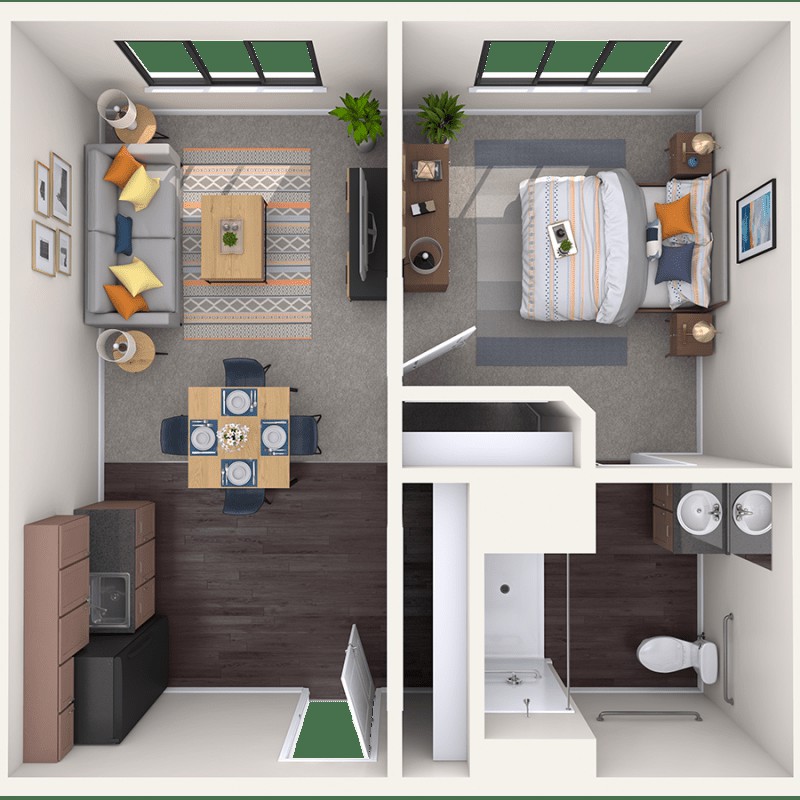 Top view of a one-bedroom apartment floor plan featuring a living room, kitchen, bedroom, and bathroom.