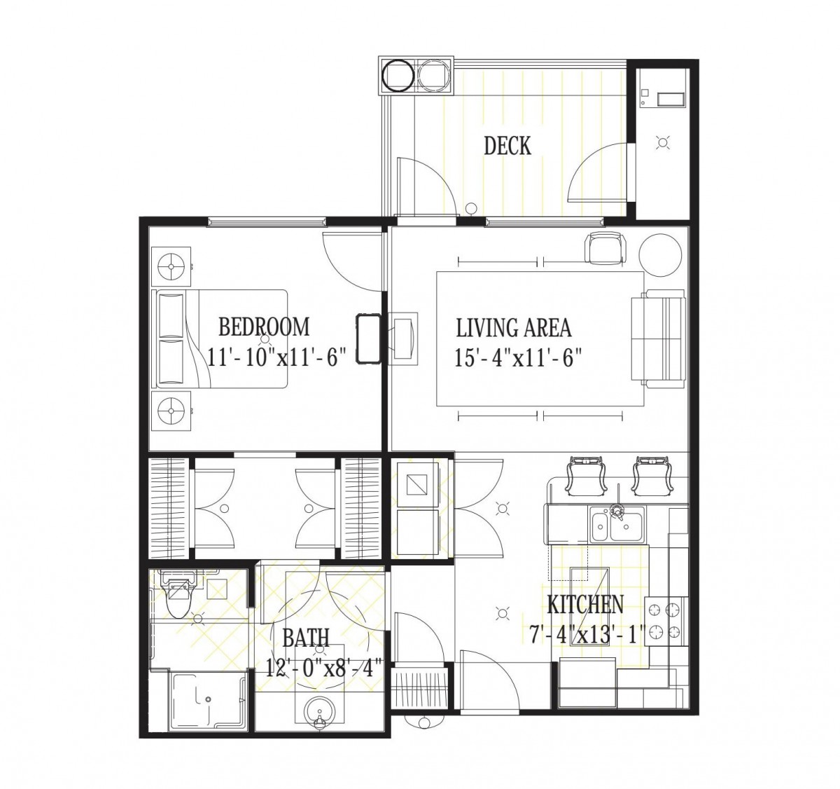 A detailed floor plan of an apartment featuring a living area, bedroom, kitchen, bathroom, and deck.