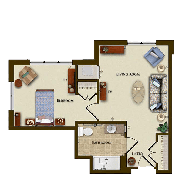 A floor plan of a one-bedroom apartment featuring a living room, kitchen area, and bathroom.