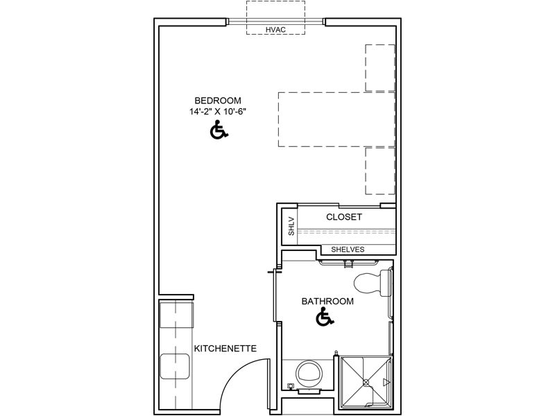 A simple floor plan of an apartment with a kitchenette, bedroom, and bathroom.