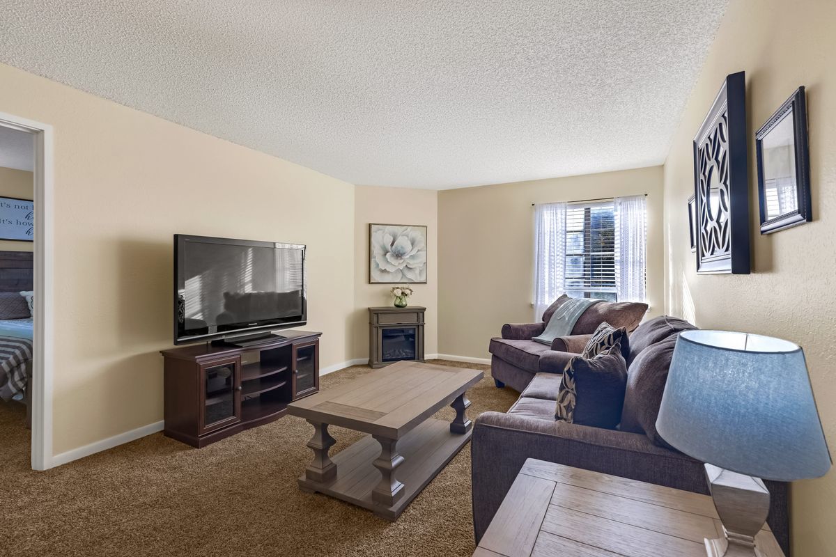 A cozy living room with a television, sofas, and a coffee table.