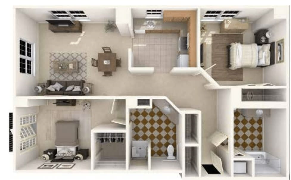 A detailed floor plan of an apartment showing various rooms including a living area, kitchen, and bedrooms.