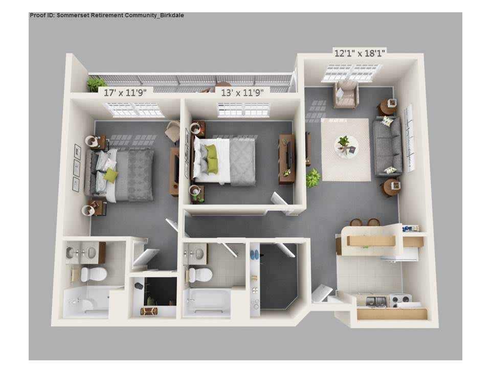 3D floor plan of a two-bedroom apartment with a kitchen and two bathrooms.