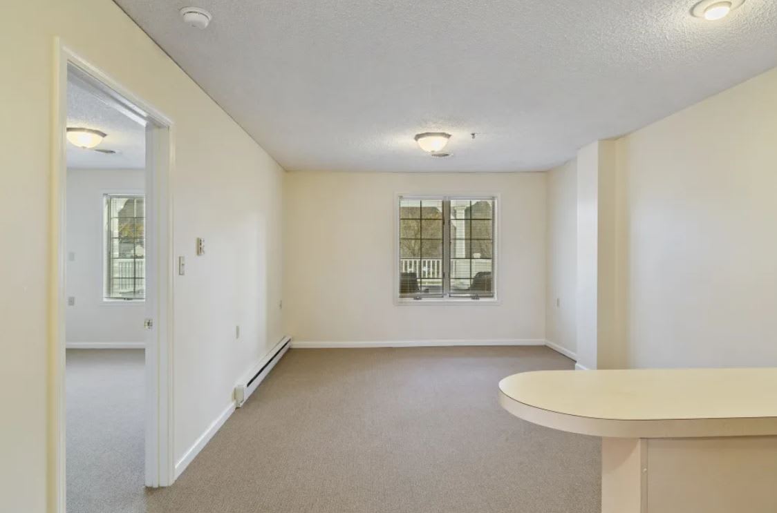 A minimalist empty room with beige walls and carpeted flooring, featuring a window and a ceiling light.