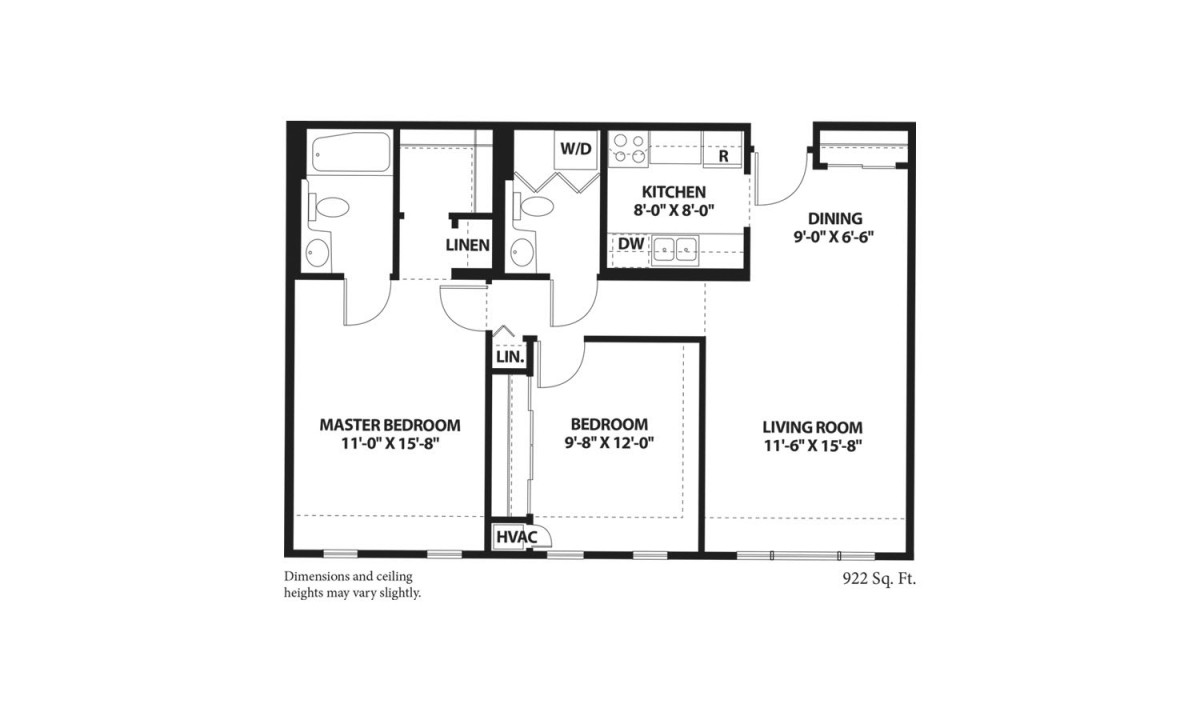 A floor plan of a two-bedroom apartment featuring a living room, kitchen, dining area, and bathroom.