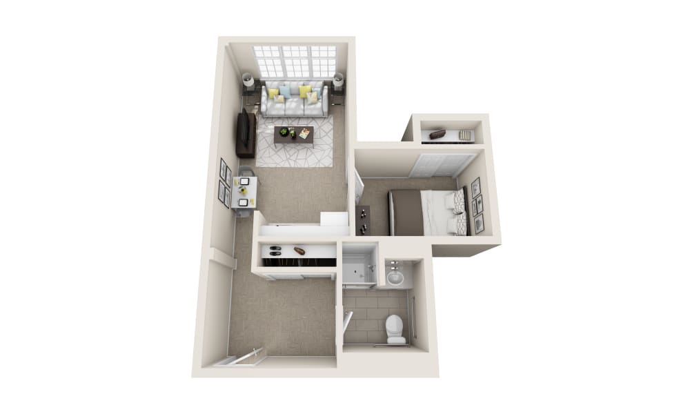 3D floor plan of a one-bedroom apartment featuring a living room, kitchen, and bathroom.