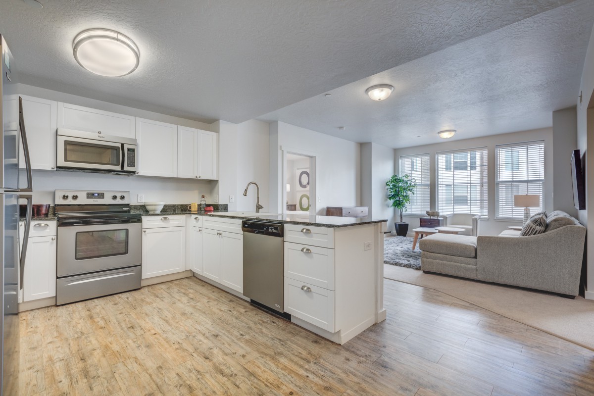 A modern, open-concept kitchen and living room with stainless steel appliances and hardwood flooring.