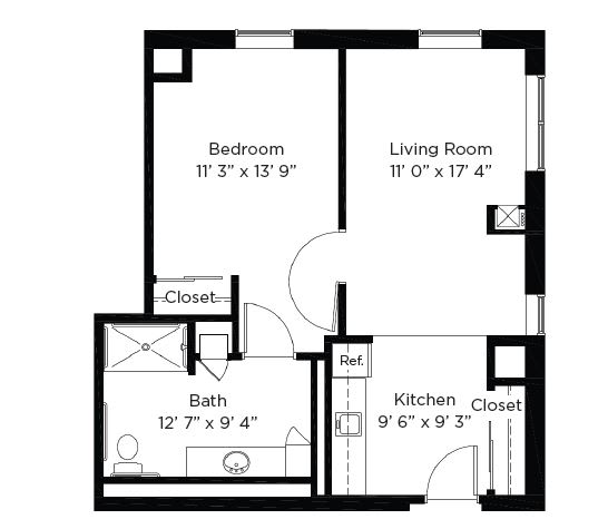 A simple one-bedroom apartment floor plan featuring a living room, kitchen, bathroom, and closets.